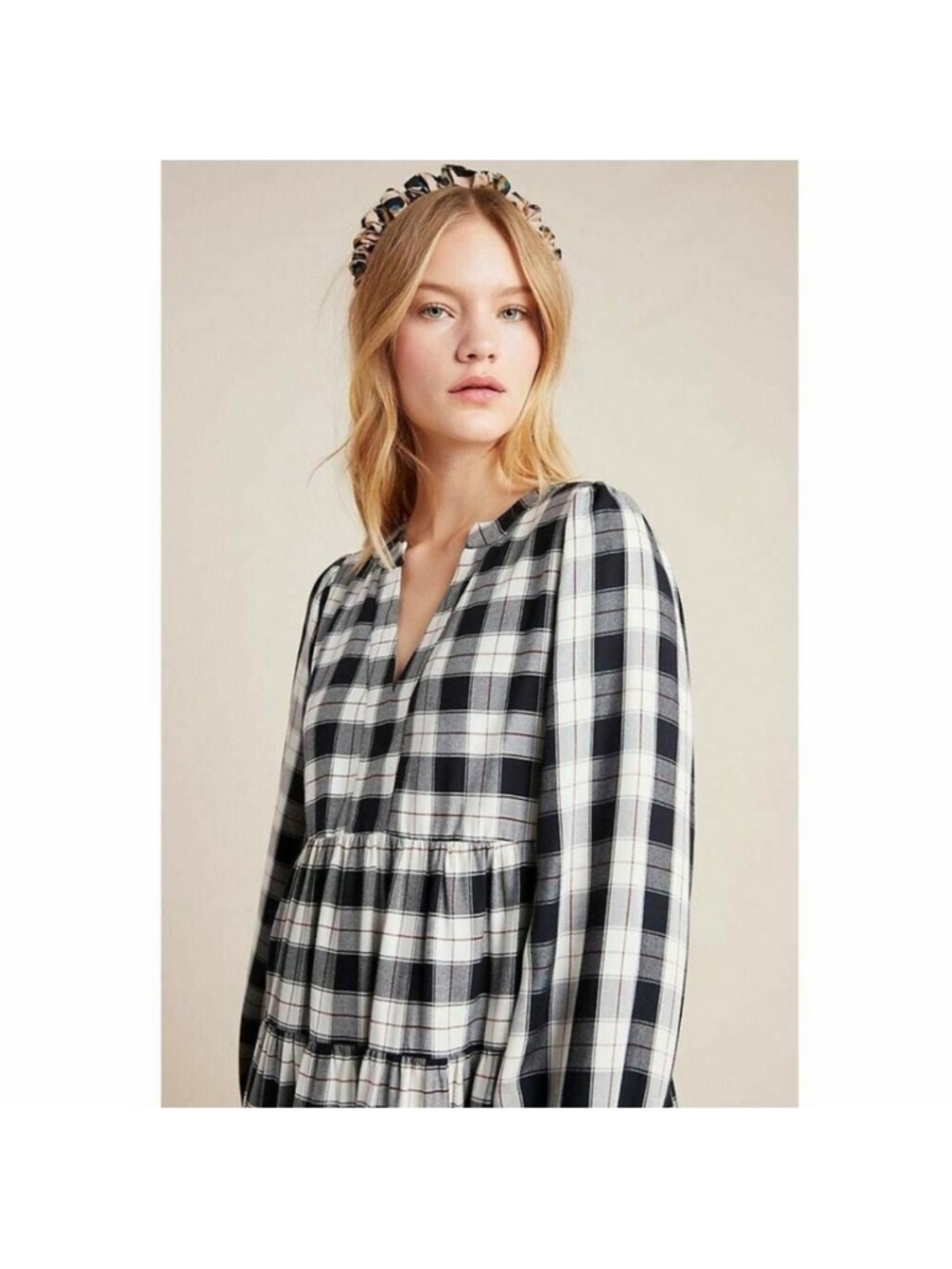 Anthropologie Maeve Black and White Plaid Tiered V-Neck Long Sleeve Dress - Picture 3 of 9